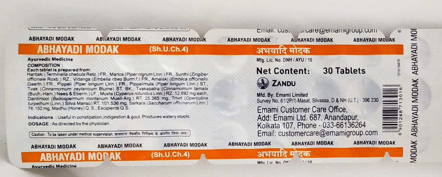 shop zandu abhayadi modak tablet - 30tablets at price 55.00 from zandu online - ayush care