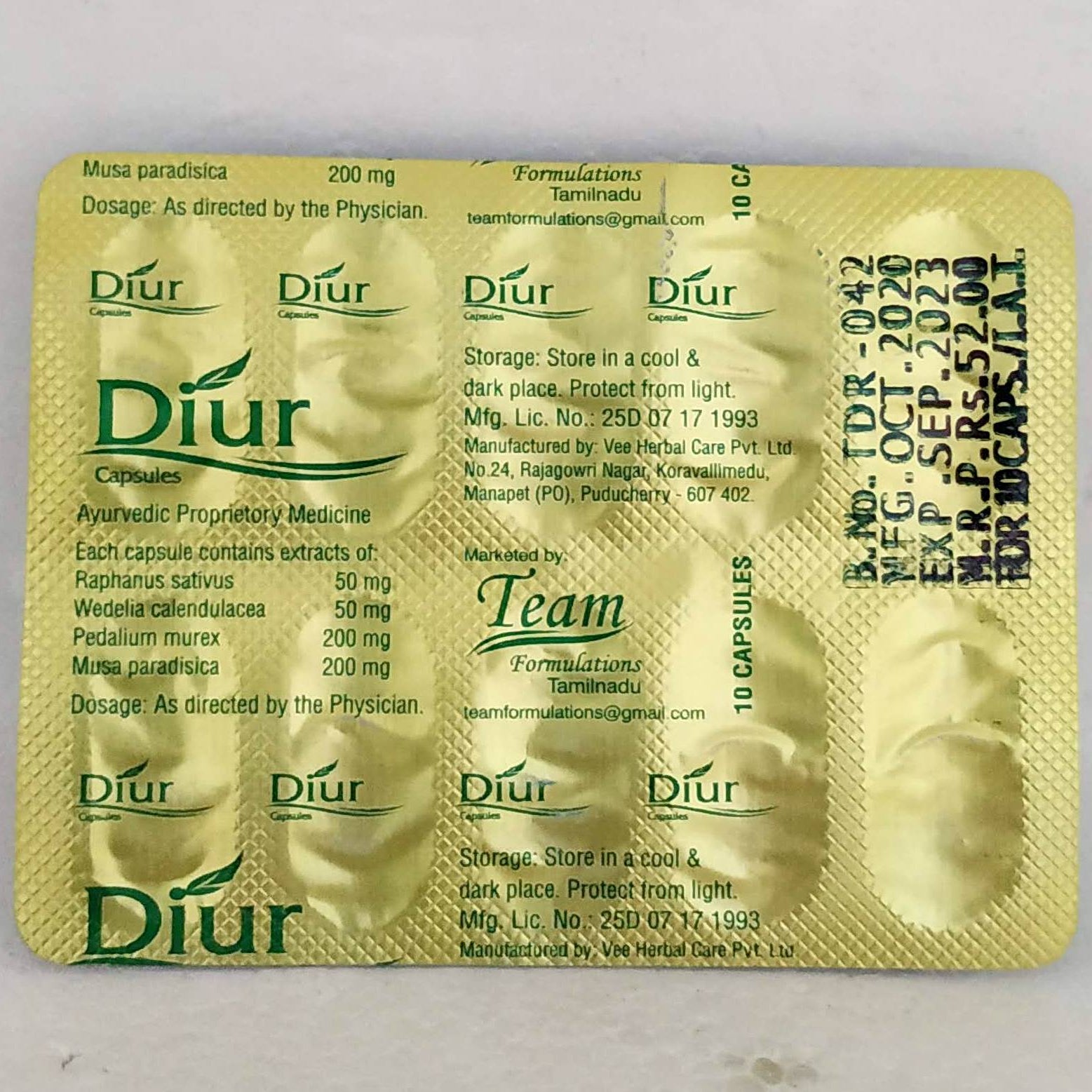Shop Diur capsules - 10capsules at price 52.00 from Vee herbals Online - Ayush Care